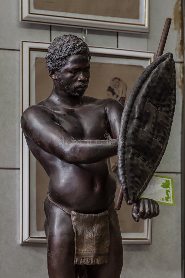 Moscow, Russia - March 19, 2017: Statue of African aborigine warrior or hunter with spear, shield and traditional stock photo Moscow, Russia - March 19, 2017: Statue of African aborigine warrior or hunter with spear, shield and traditional stock photo