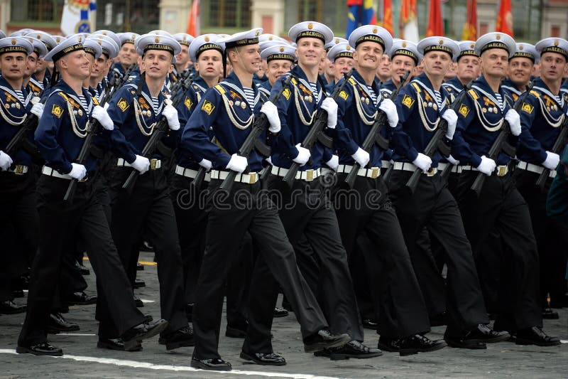 Cadets of the black sea higher naval school named after Admiral Nakhimov during the parade on red square in honor of Victory Day stock photo Cadets of the black sea higher naval school named after Admiral Nakhimov during the parade on red square in honor of Victory Day stock photo