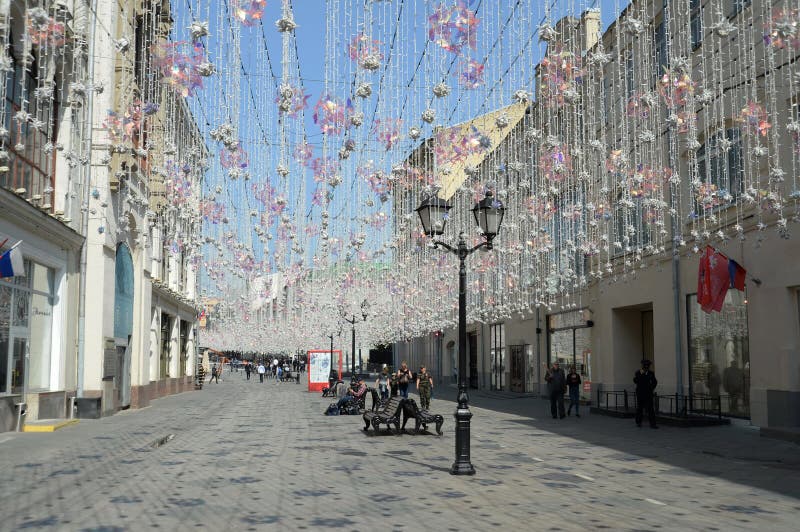 Nikolskaya street of Moscow in the festive decoration stock image Nikolskaya street of Moscow in the festive decoration stock image