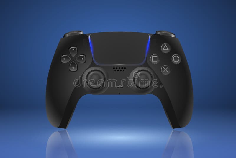 Realistic game console of the new generation Playstation 5 in vector.  Realistic Dualsenses ps5 gamepad in vector. on a blue background. Stock  Vector