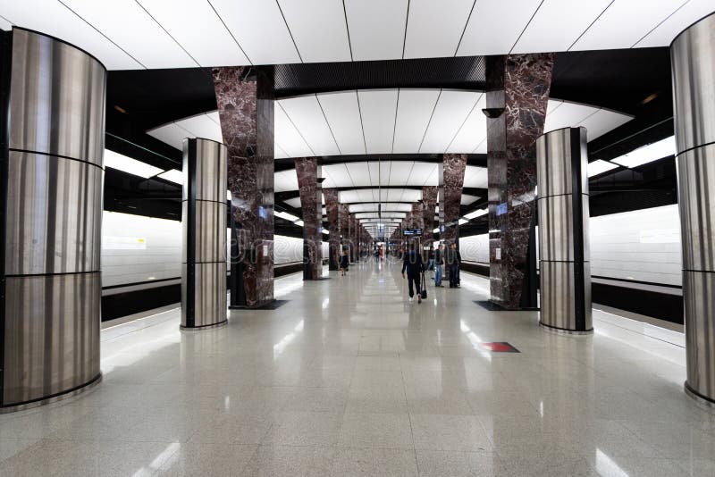 Moscow, Russia may 26, 2019, new modern metro station Khoroshevskaya. Built in 2018 Solntsevskaya metro line royalty free stock images Moscow, Russia may 26, 2019, new modern metro station Khoroshevskaya. Built in 2018 Solntsevskaya metro line royalty free stock images