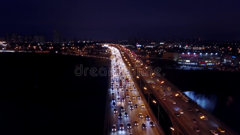 MOSCOW, RUSSIA - NOVEMBER 18, 2017. Aerial shot of big traffic jam on the MKAD ring road in the evening rush hour