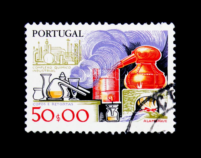Alembic, retorts and modern chemical plant, Development of Technology serie, circa 1980 royalty free stock photos Alembic, retorts and modern chemical plant, Development of Technology serie, circa 1980 royalty free stock photos