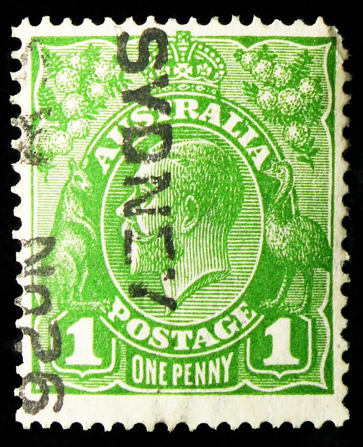 Postage stamp printed in Australia shows King George V, serie, 1 d - Australian penny, circa 1924
