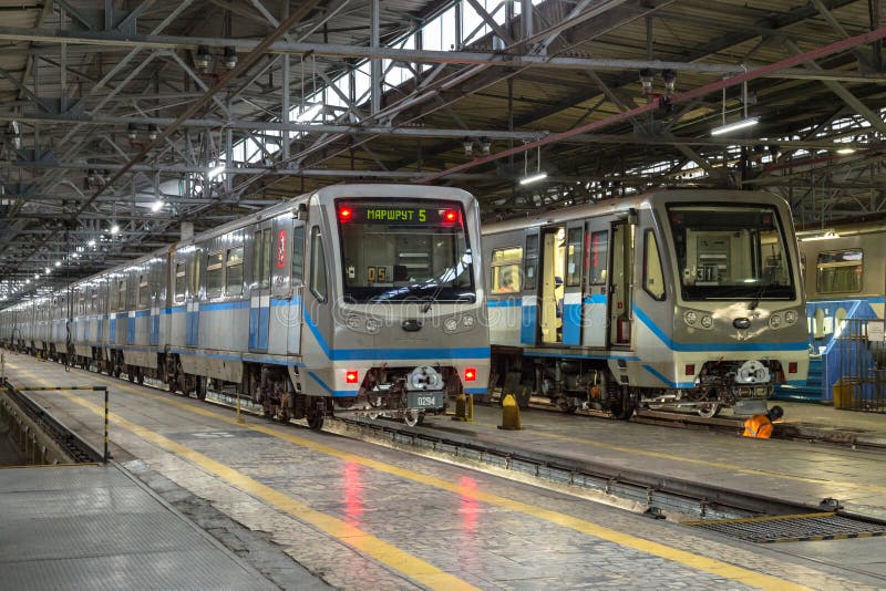 Moscow, Russia - October 27, 2017: Subway train metro depot Krasnaya presnya stock photos Moscow, Russia - October 27, 2017: Subway train metro depot Krasnaya presnya stock photos
