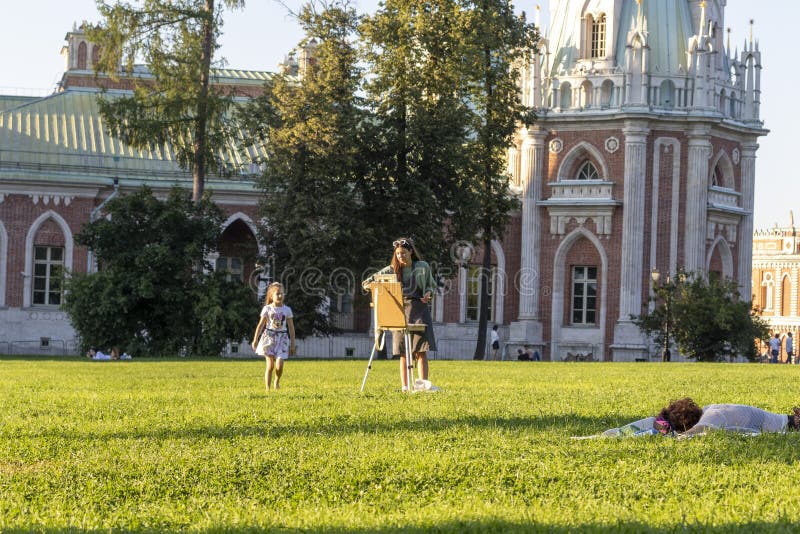 Moscow, Russia - 08.07.2023 - people enjoying day out at Tsaritsyno Museum-Reserve. City