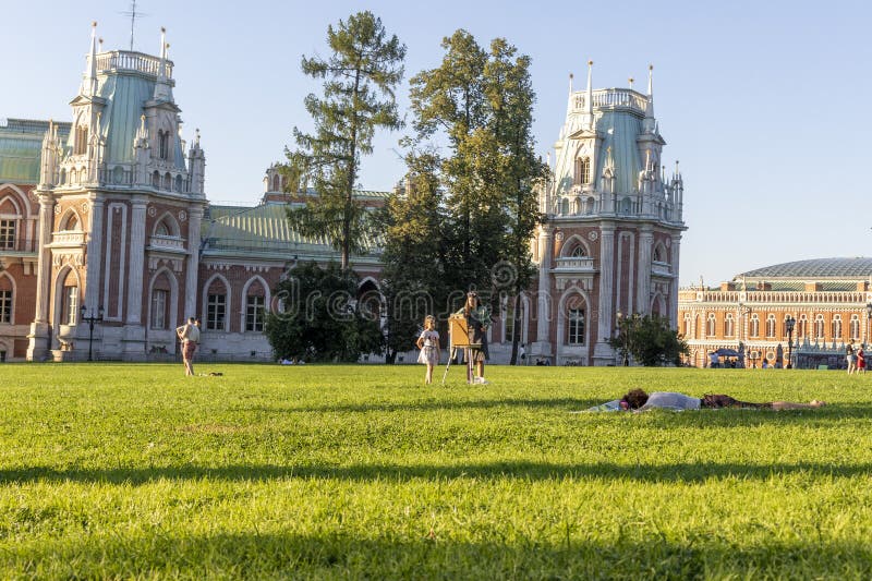 Moscow, Russia - 08.07.2023 - people enjoying day out at Tsaritsyno Museum-Reserve. City