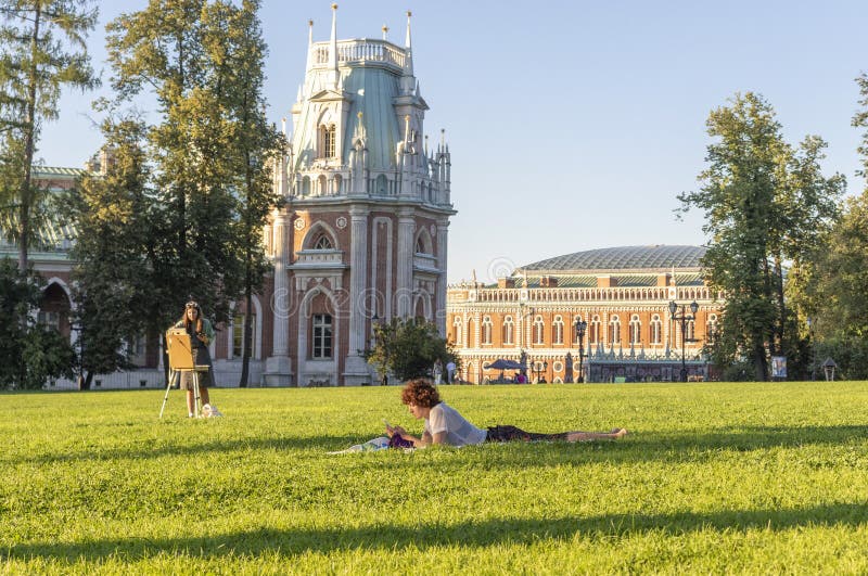 Moscow, Russia - 08.07.2023 - people enjoying day out at Tsaritsyno Museum-Reserve. City