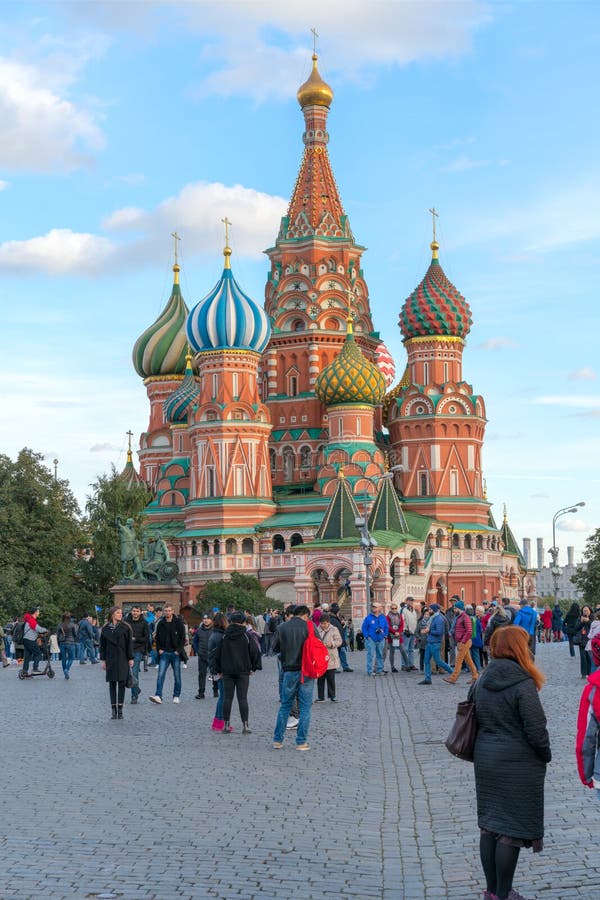 MOSCOW, RUSSIA - September 30, 20018: Cathedral of Vasily the Blessed Saint Basil`s Cathedral on Red Square at sunset, center stock photography MOSCOW, RUSSIA - September 30, 20018: Cathedral of Vasily the Blessed Saint Basil`s Cathedral on Red Square at sunset, center stock photography