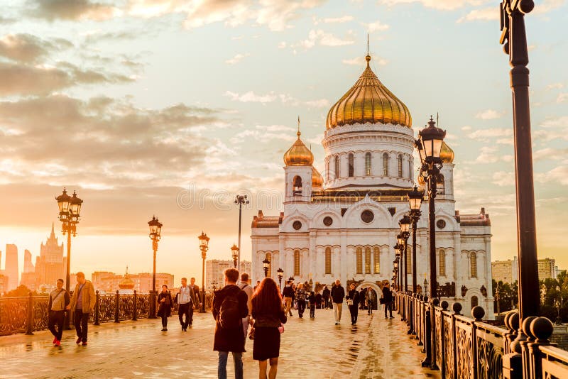 Moscow Russia - September 14, 2017 Evening mood of a sunset on the Patriarchal bridge near Christ the Savior Cathedral.