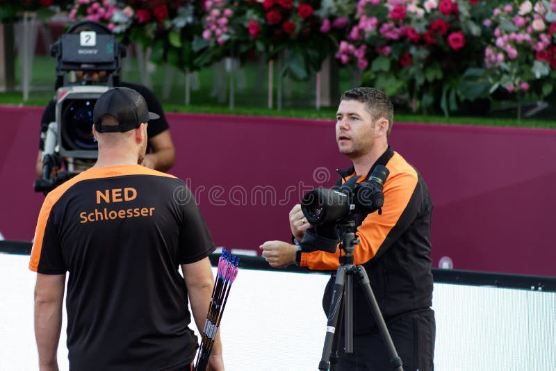 Moscow, Russia, September 06, 2019. MOSCOW HYUNDAI ARCHERY WORLD CUP, men from different countries compete in archery royalty free stock image Moscow, Russia, September 06, 2019. MOSCOW HYUNDAI ARCHERY WORLD CUP, men from different countries compete in archery royalty free stock image