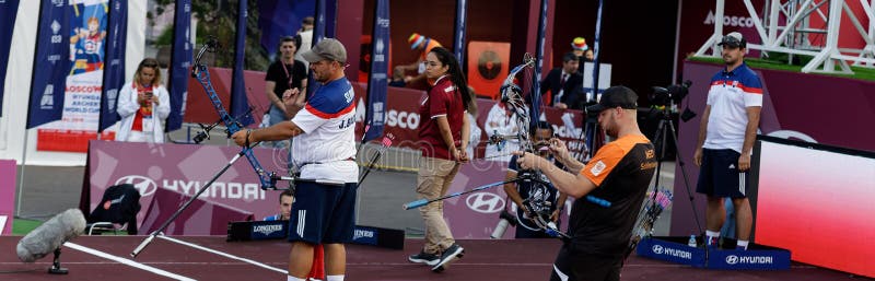 Moscow, Russia, September 06, 2019. MOSCOW HYUNDAI ARCHERY WORLD CUP, men from different countries compete in archery royalty free stock photos Moscow, Russia, September 06, 2019. MOSCOW HYUNDAI ARCHERY WORLD CUP, men from different countries compete in archery royalty free stock photos