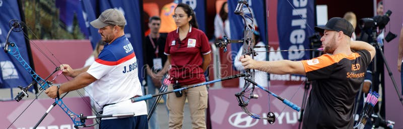 Moscow, Russia, September 06, 2019. MOSCOW HYUNDAI ARCHERY WORLD CUP, men from different countries compete in archery royalty free stock photos Moscow, Russia, September 06, 2019. MOSCOW HYUNDAI ARCHERY WORLD CUP, men from different countries compete in archery royalty free stock photos