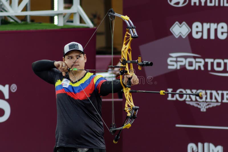 Moscow, Russia, September 06, 2019. MOSCOW HYUNDAI ARCHERY WORLD CUP, men from different countries compete in archery royalty free stock photos Moscow, Russia, September 06, 2019. MOSCOW HYUNDAI ARCHERY WORLD CUP, men from different countries compete in archery royalty free stock photos