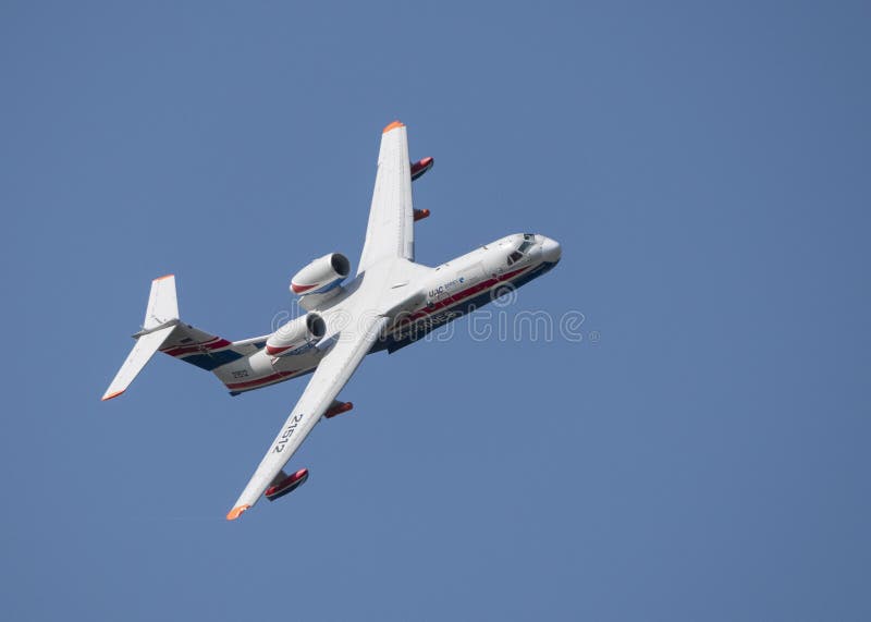 Moscow Russia Zhukovsky Airfield 31 August 2019: Demonstration flight of a jet multipurpose amphibious aircraft be-200 the stock image Moscow Russia Zhukovsky Airfield 31 August 2019: Demonstration flight of a jet multipurpose amphibious aircraft be-200 the stock image