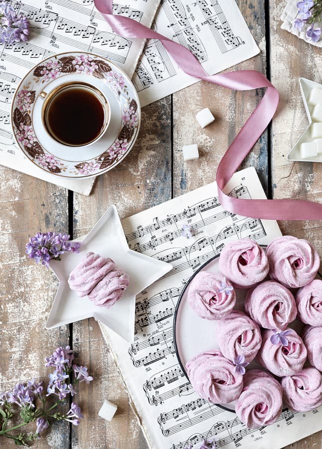 Homemade Violet sweet Zephyr Marshmallow on music sheets
