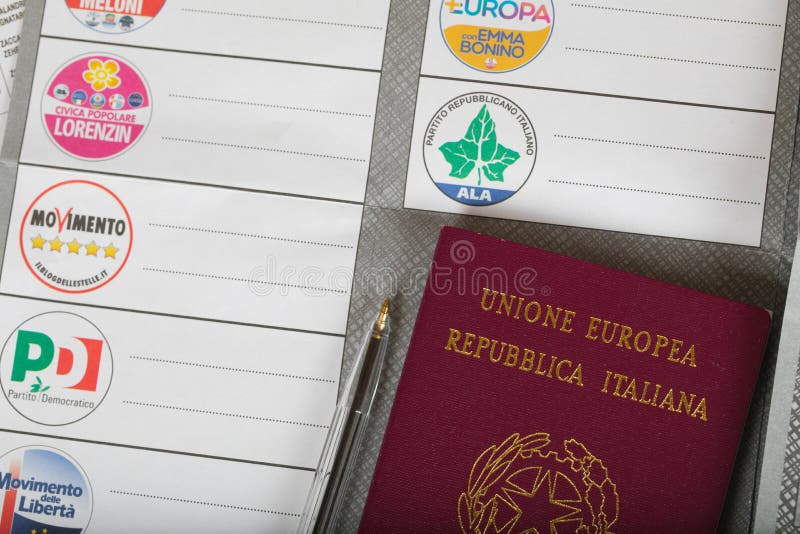 Moscow, Russian Federation.02/14/2018. Electoral package for Italian residents abroad,. Italian passport, ballot papers.Translation from Italian on the pass stock image Moscow, Russian Federation.02/14/2018. Electoral package for Italian residents abroad,. Italian passport, ballot papers.Translation from Italian on the pass stock image