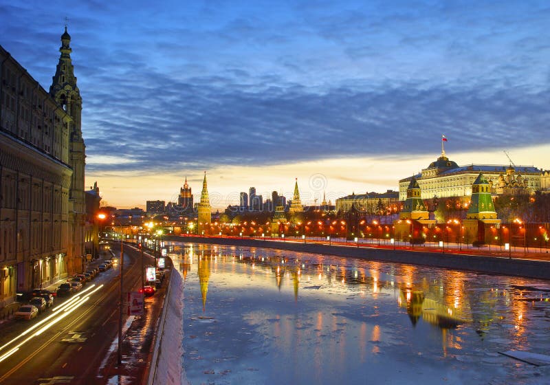 Moscow twilight. View on a Kremlin wall.