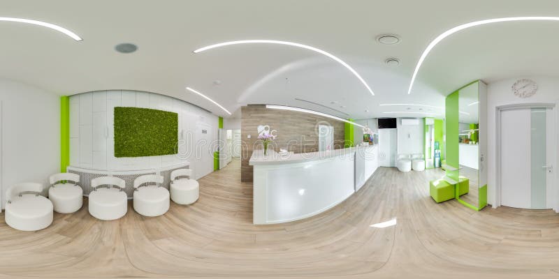 MOSCÚ - VERANO 2018, panorama esférico 3D con el ángulo de visión 360 de la oficina dental moderna verde aliste para la realidad imágenes de archivo libres de regalías MOSCÚ - VERANO 2018, panorama esférico 3D con el ángulo de visión 360 de la oficina dental moderna verde aliste para la realidad imágenes de archivo libres de regalías