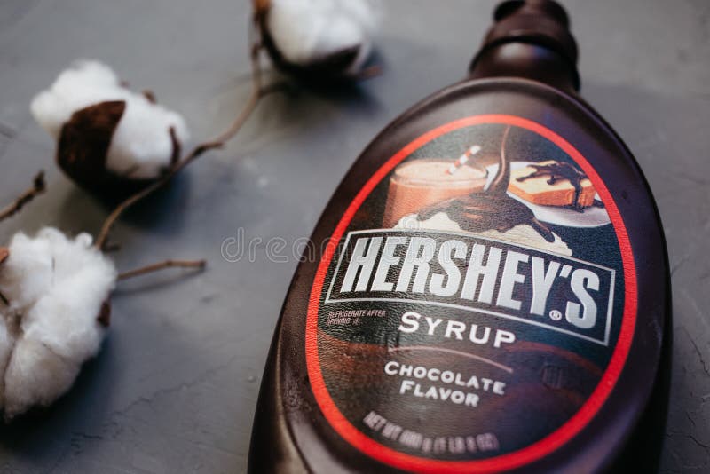Moskau Russland - 11 14 2018: Flasche Hersheys Schokoladen-Sirup Baumwollstrauch auf grauem Hintergrund lizenzfreies stockbild Moskau Russland - 11 14 2018: Flasche Hersheys Schokoladen-Sirup Baumwollstrauch auf grauem Hintergrund lizenzfreies stockbild
