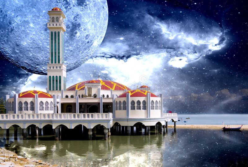 A beautiful mosque on stilts by the sea at Tanjong Bunga, Penang, Malaysia with stars and galaxies. A beautiful mosque on stilts by the sea at Tanjong Bunga, Penang, Malaysia with stars and galaxies.
