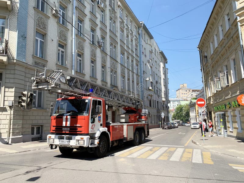 Moscow, Russia. Fire truck on the basis of the Italian car Iveco Magirus in Lyalin lane in summer day in Moscow. Moscow, Russia. Fire truck on the basis of the Italian car Iveco Magirus in Lyalin lane in summer day in Moscow