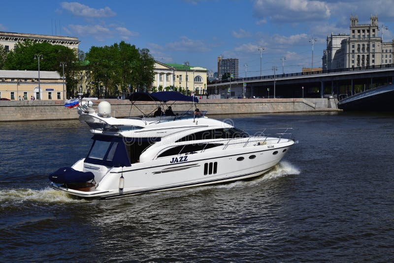 Moscow, Russia - May 12. 2018 Motor yacht Princess 58 On the Moskva river. Moscow, Russia - May 12. 2018 Motor yacht Princess 58 On the Moskva river