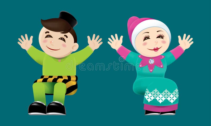 Moslemischer Junge und Mädchen, die ihre Hände wellenartig bewegt Mit Farbhintergrund lizenzfreie abbildung Moslemischer Junge und Mädchen, die ihre Hände wellenartig bewegt Mit Farbhintergrund lizenzfreie abbildung