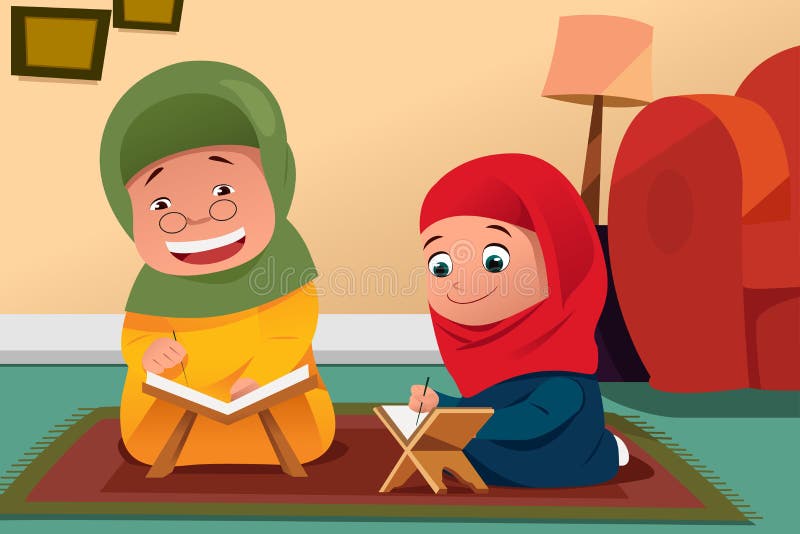 Moslimmoeder en Dochter die Quran thuis bestuderen vector illustratie Moslimmoeder en Dochter die Quran thuis bestuderen vector illustratie