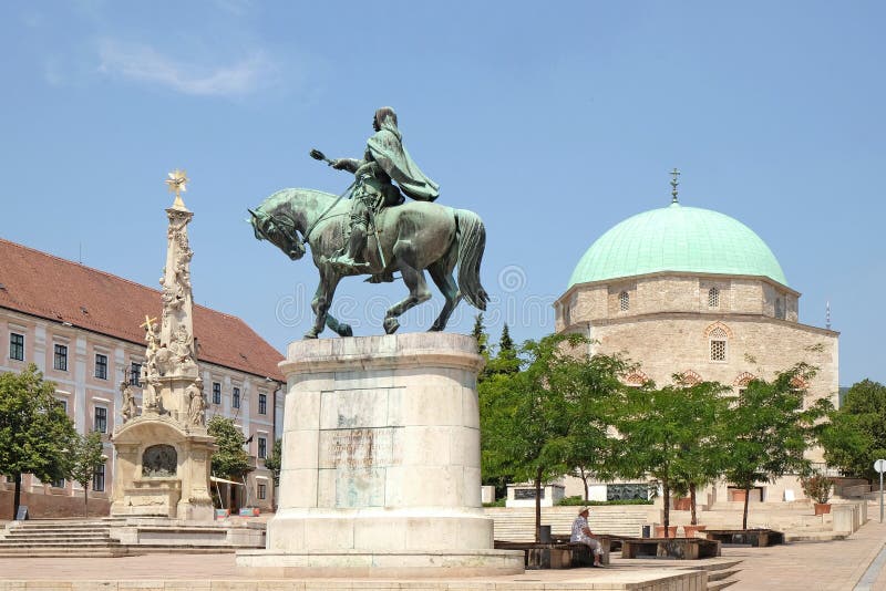 Mosque Qazim and Obelisk in Pecs Hungary stock image Mosque Qazim and Obelisk in Pecs Hungary stock image