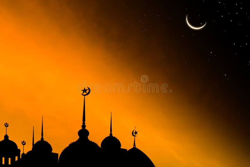 Mosques Dome and Crescent Moon star with shadow on twilight gradient black and gold ackground. for eid al-fitr, arabic, Eid al-