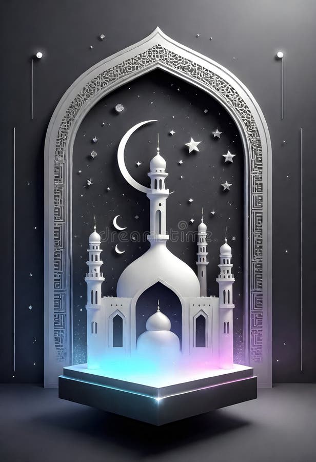 AI generated of a mosque with a crescent moon and stars on a black background. AI generated of a mosque with a crescent moon and stars on a black background