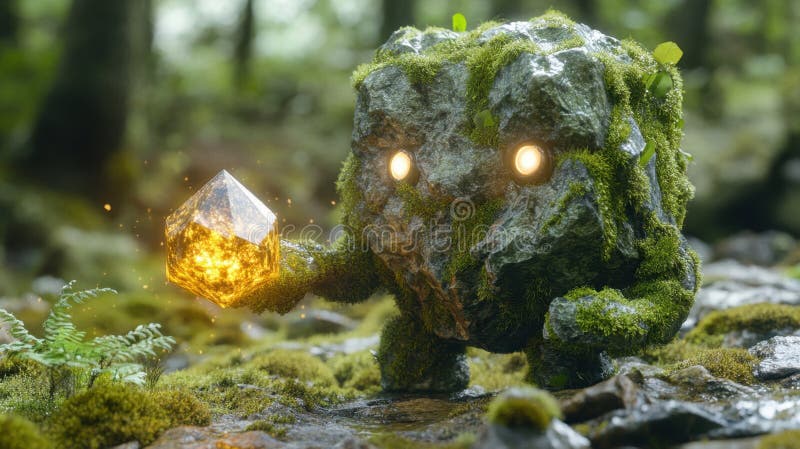 Moss Covered Stone Creature Holding Glühkristall in Dunkelwäldern. AI Generativ