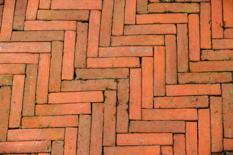 Mossy diagonal pattern of brick pavement in a herringbone style for background, Old orange bricks tiled floor with zigzag pattern.