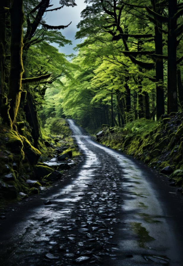 Mossüberdachter Weg durch üppig grünen Wald mit nassen Kopfsteinpflasterstraßen lizenzfreie abbildung
