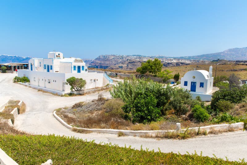 The most famous church on Santorini Island,Crete, Greece. Bell tower and cupolas of classical orthodox Greek church royalty free stock photography The most famous church on Santorini Island,Crete, Greece. Bell tower and cupolas of classical orthodox Greek church royalty free stock photography