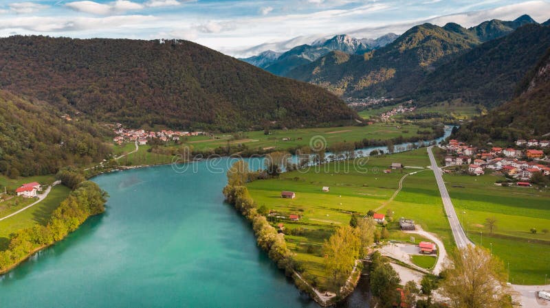 Most Na Soci in Slovenia. Beautiful Lake and Countryside. Aerial Drone View