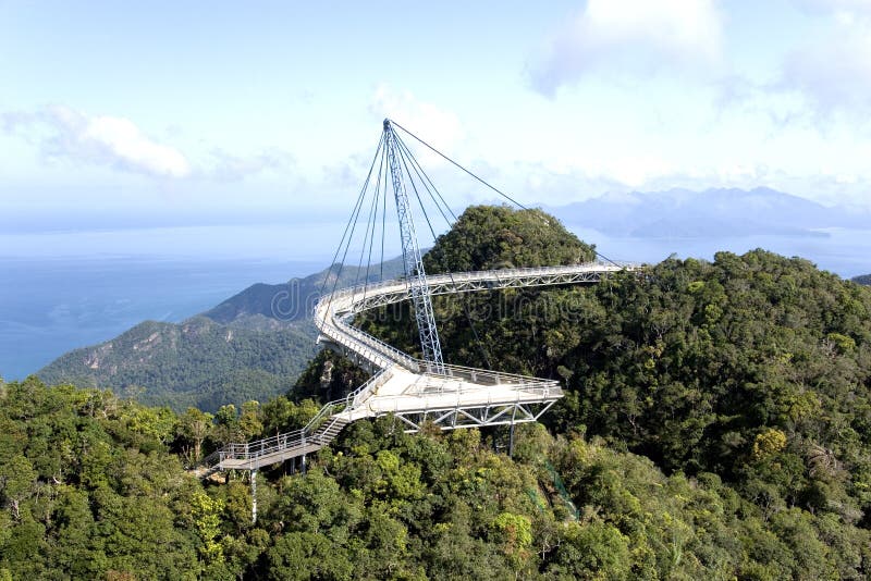 Curved suspension bridge for pedestrians on Gunung (Mount) Mat Cincang, Langkawi Island, Malaysia. This suspension bridge was the winner of a prestigious Swiss Design Award. It links the twin peaks of the mountain overlooking the world’s oldest tropical rainforest and crystal clear waters of Langkawi Island. Curved suspension bridge for pedestrians on Gunung (Mount) Mat Cincang, Langkawi Island, Malaysia. This suspension bridge was the winner of a prestigious Swiss Design Award. It links the twin peaks of the mountain overlooking the world’s oldest tropical rainforest and crystal clear waters of Langkawi Island.