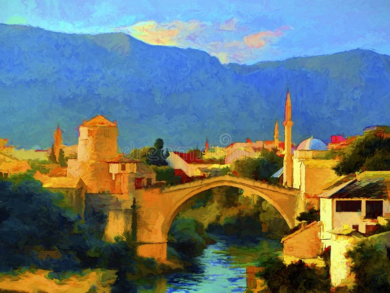 Colorfull oil painting of old bridge in Mostar, Bosnia and Herzegovina. Modern impressionism. Colorfull oil painting of old bridge in Mostar, Bosnia and Herzegovina. Modern impressionism.