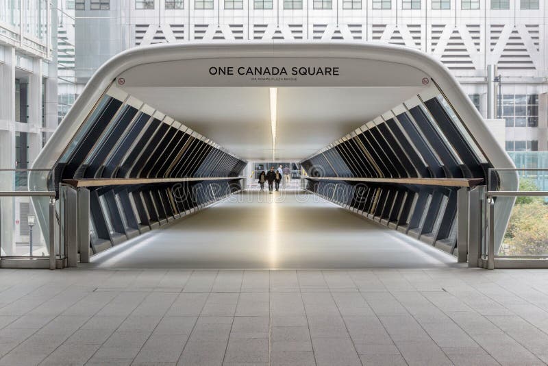 Modern tunnel of one canada square bridge in Canary Wharf. Modern tunnel of one canada square bridge in Canary Wharf