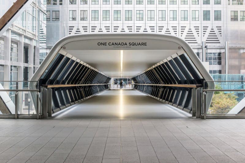 Modern tunnel of one canada square bridge in Canary Wharf. Modern tunnel of one canada square bridge in Canary Wharf