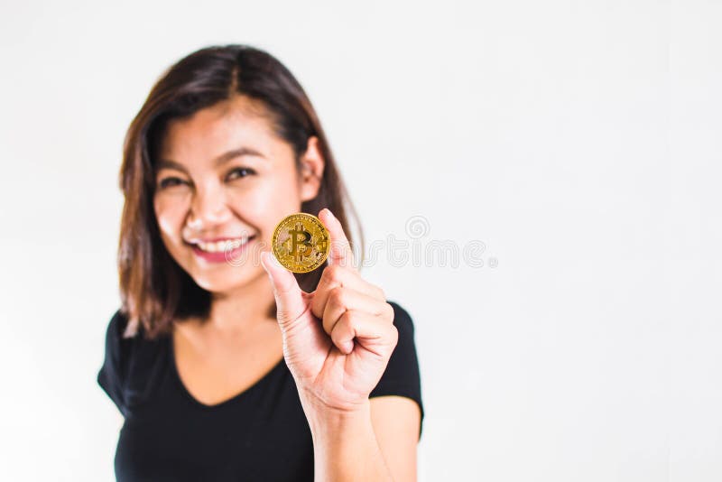 Mostra Bitcoin da mulher fotos de stock Mostra Bitcoin da mulher fotos de stock