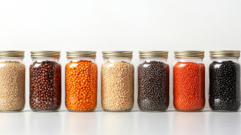 Mostra varie leguminose in barattoli di vetro con lenticchie colorate fave e piselli contro un bianco minimalista fotografia stock