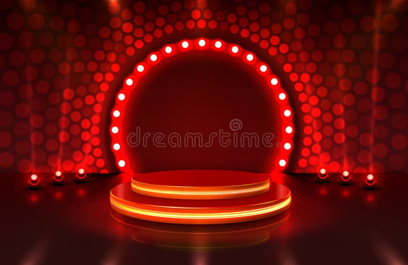 Mostrar cena de palco de luz com cerimônia de entrega do prêmio em fundo vermelho.