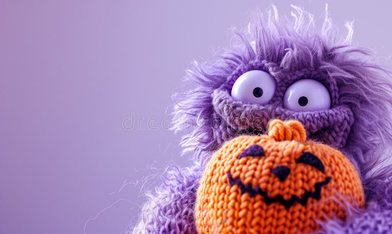 Mostro di lana viola con una zucca a maglia. per halloween illustrazione di stock