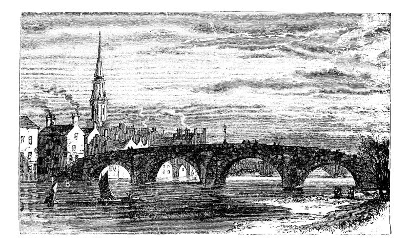 River Ayr Bridges. Old Bridge or Auld Brig over Ayr River, in Scotland, during the 1890s, vintage engraving. Old engraved illustration of the Old Bridge over the Ayr River. River Ayr Bridges. Old Bridge or Auld Brig over Ayr River, in Scotland, during the 1890s, vintage engraving. Old engraved illustration of the Old Bridge over the Ayr River