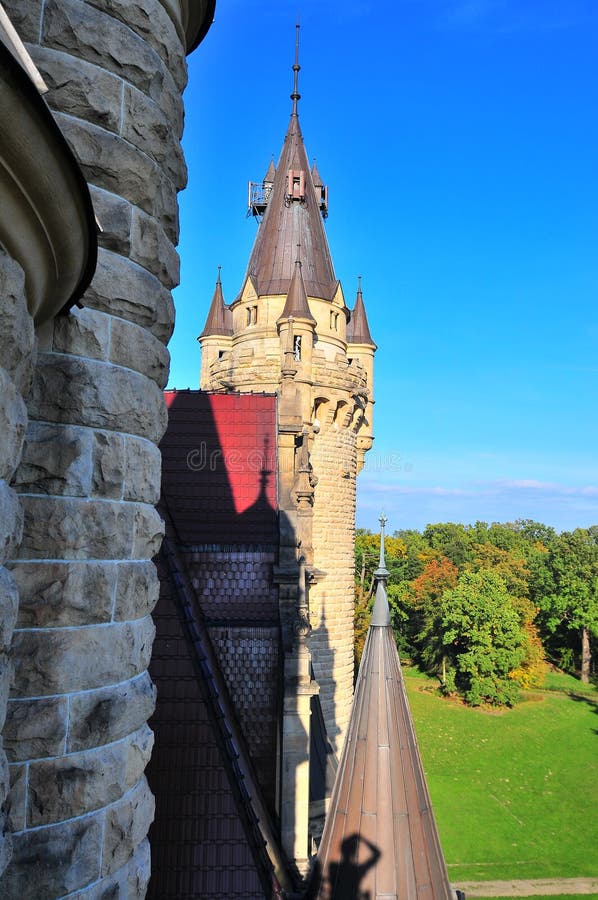 Moszna Castle, Silesia, Poland, October 2017. Boar tower with skeleton in the window. royalty free stock image Moszna Castle, Silesia, Poland, October 2017. Boar tower with skeleton in the window. royalty free stock image