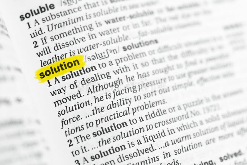 Mot anglais accentué et x22 ; solution& x22 ; et sa définition au dictionnaire image stock Mot anglais accentué et x22 ; solution& x22 ; et sa définition au dictionnaire image stock
