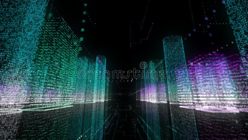Mot animé d'affaires de l'animation 3d de ville de wireframe de bâtiment de câble lumineux binaire d'architecture dans l'uhd 4k 3 illustration stock