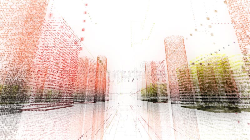 Mot animé d'affaires de l'animation 3d de ville de wireframe de bâtiment de câble lumineux binaire d'architecture dans l'uhd 4k 3 illustration libre de droits